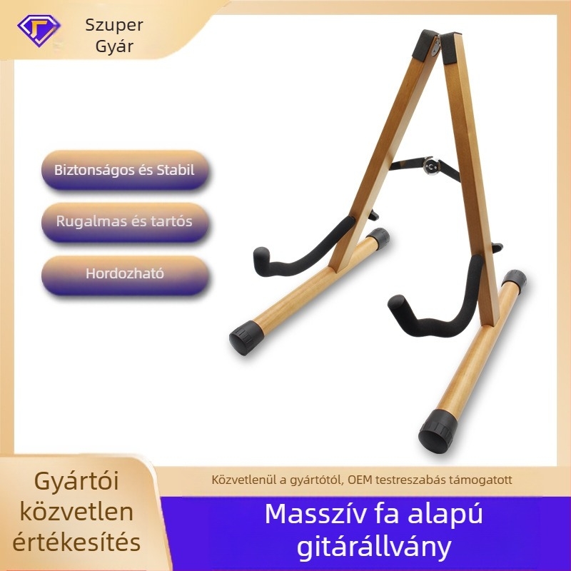  bükkfa gitárállvány, padlón álló, függőleges, összecsukható, típus A, levehető, kifejezetten folk és klasszikus gitárokhoz