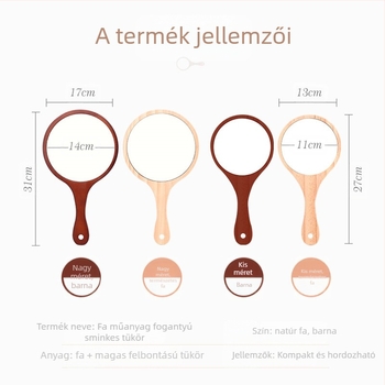 Fa keretes kézi sminktükör, kör alakú ezüst tükörrel, hálószobai használatra, logó nyomtatása lehetséges