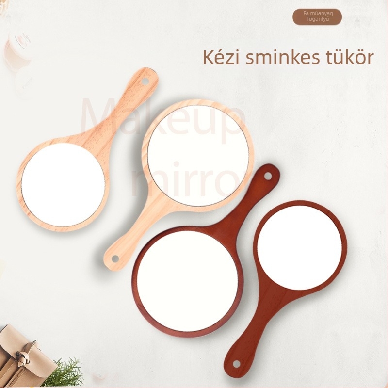 Fa keretes kézi sminktükör, kör alakú ezüst tükörrel, hálószobai használatra, logó nyomtatása lehetséges