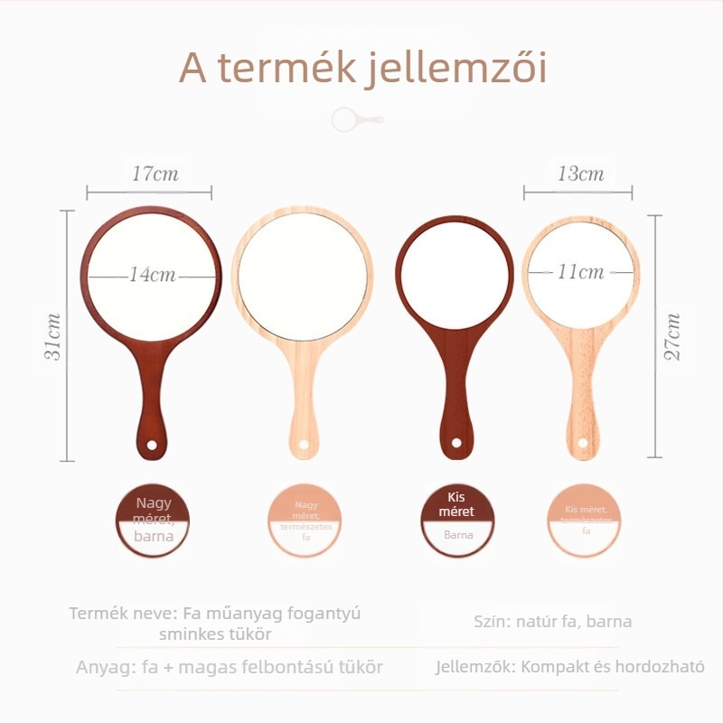 Fa keretes kézi sminktükör, kör alakú ezüst tükörrel, hálószobai használatra, logó nyomtatása lehetséges