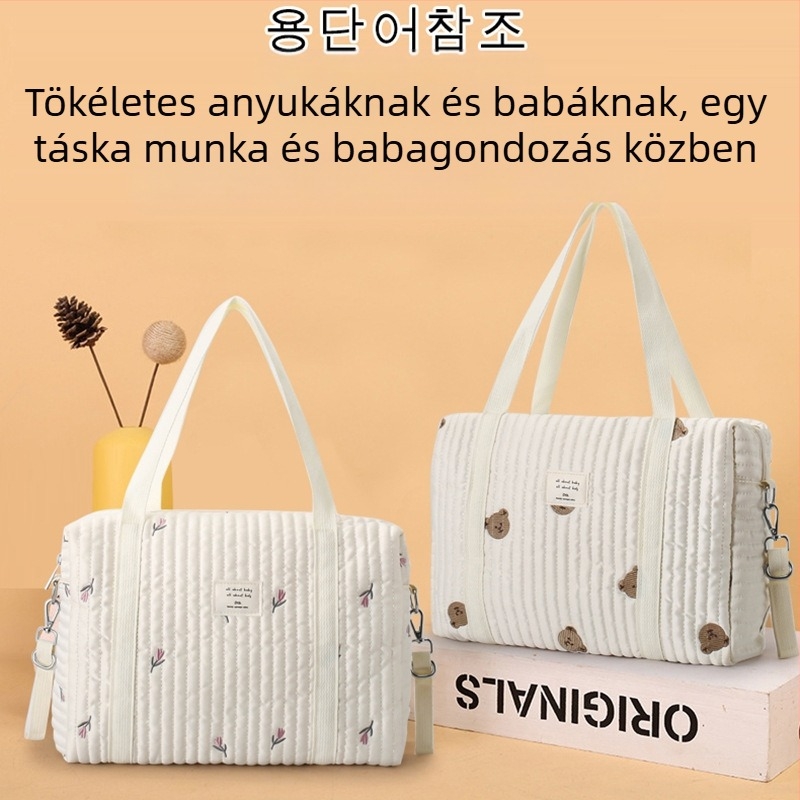 Hímzett kismama táska – elegáns, könnyű, nagy kapacitású anya-baba táska, keresztpánttal (Nylon; állati mintás; bélés: poliészter; nagy kapacitás; lélegző és száraz-nedves elválasztás)