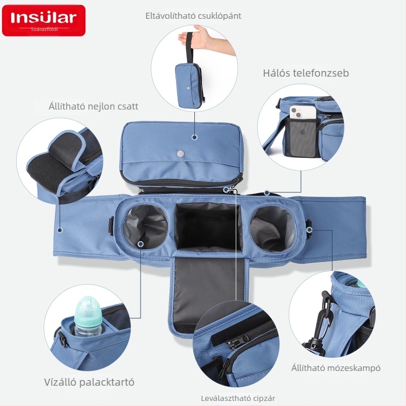 Insular / Inxiuli Babakocsira akasztható táska – vízálló, multifunkcionális babaszerv rendező cumisüveg, pohár és pelenka tárolóval