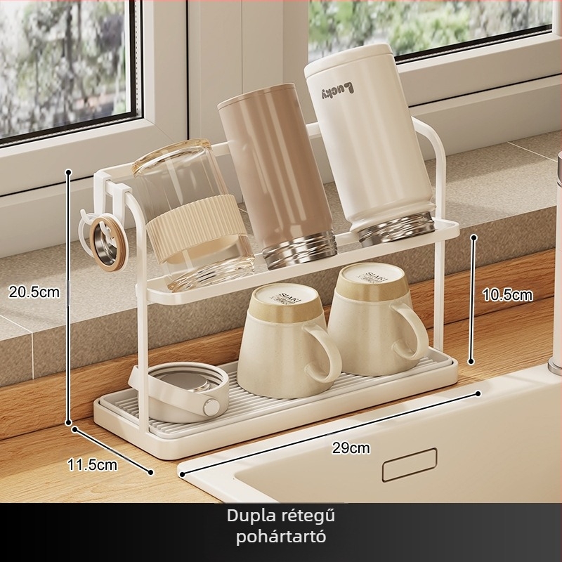 Pohártartó állvány — kétszintes, fordított leeresztő rendszerrel, szénacélból, asztali vagy fali rögzítéshez, fúrás nélkül