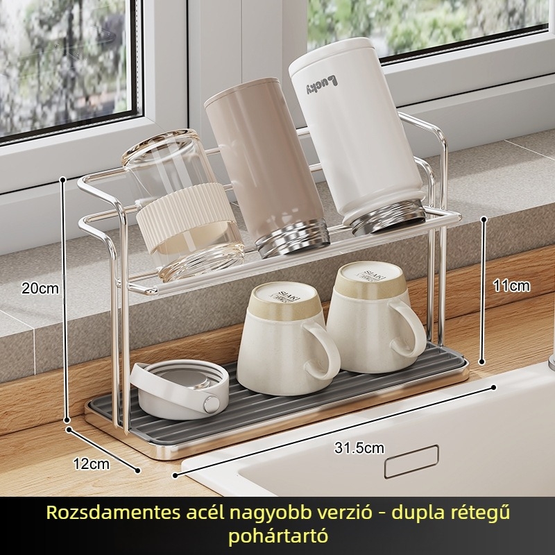 Pohártartó állvány — kétszintes, fordított leeresztő rendszerrel, szénacélból, asztali vagy fali rögzítéshez, fúrás nélkül