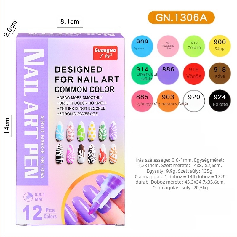 Guangna DIY körömdíszítő toll – körömdíszítéshez és graffitihez, gyorsan száradó, vízálló, fémes akril toll