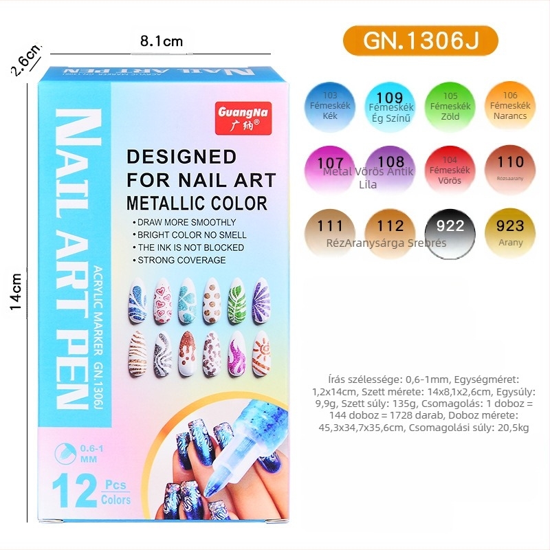 Guangna DIY körömdíszítő toll – körömdíszítéshez és graffitihez, gyorsan száradó, vízálló, fémes akril toll