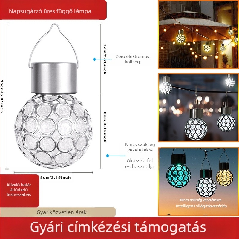 Napelemes kültéri LED függő gömbvilágítás, üreges gömb forma, IP65, LED diodák, 1.2V, 6–12 óra üzemidő