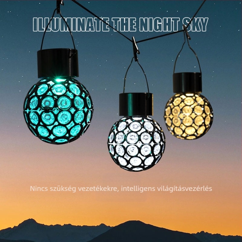 Napelemes kültéri LED függő gömbvilágítás, üreges gömb forma, IP65, LED diodák, 1.2V, 6–12 óra üzemidő