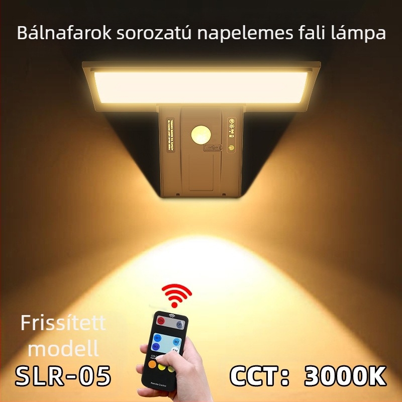 Napelemes kültéri falikar mozgásérzékelővel, IP65 vízálló, fúrás nélkül szerelhető, napenergia