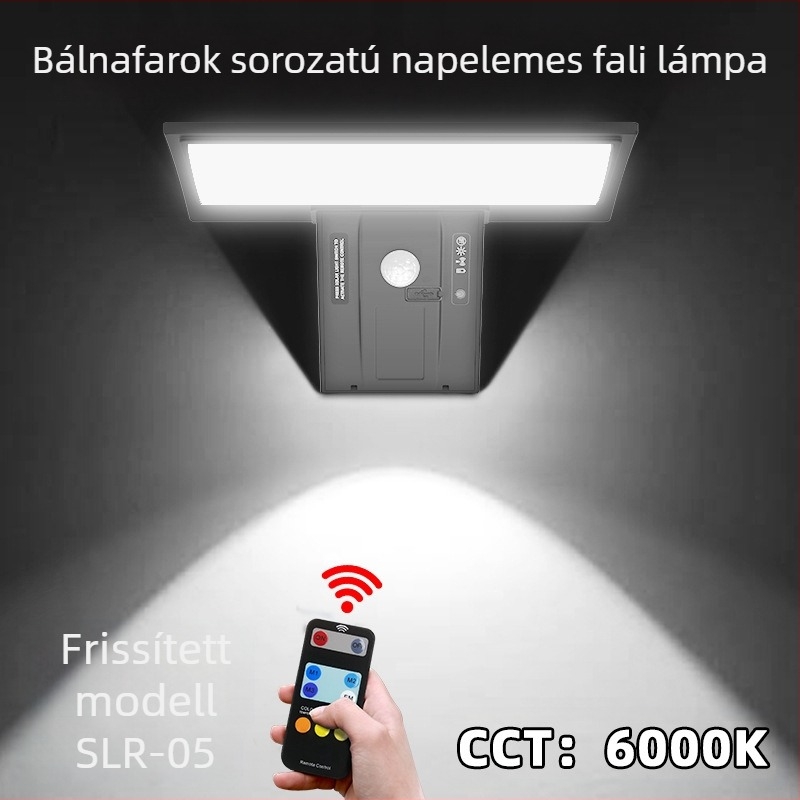 Napelemes kültéri falikar mozgásérzékelővel, IP65 vízálló, fúrás nélkül szerelhető, napenergia