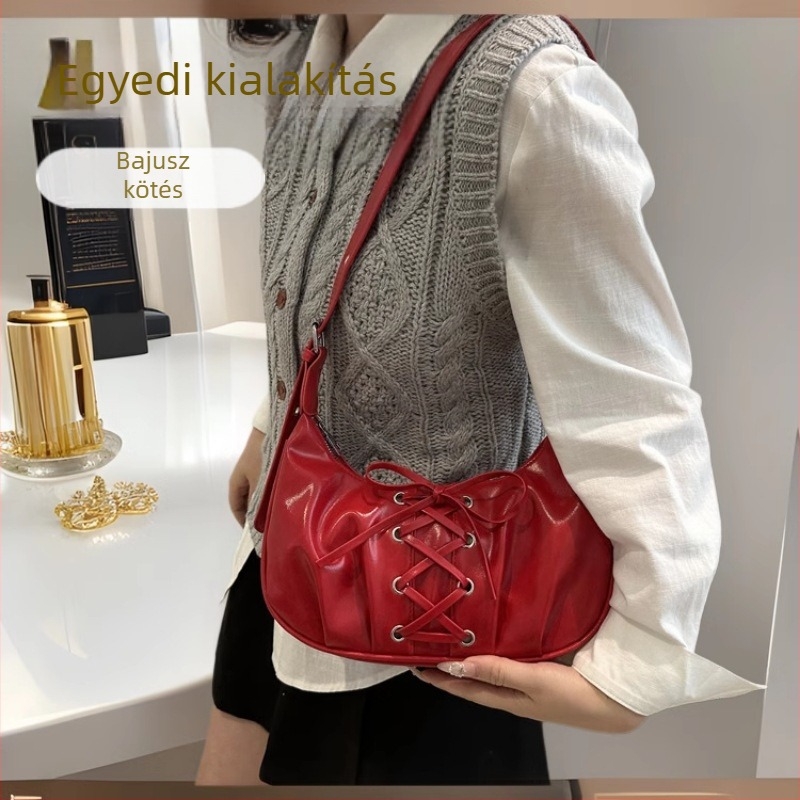 PU dumpling alakú táska fűzővel és masnival, cipzáras nyitás, nylon bélés, egy vállon átívelő crossbody