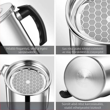 304 rozsdamentes acél olajtartó kanna, szivárgásmentes, fedéllel és szűrővel a konyhába