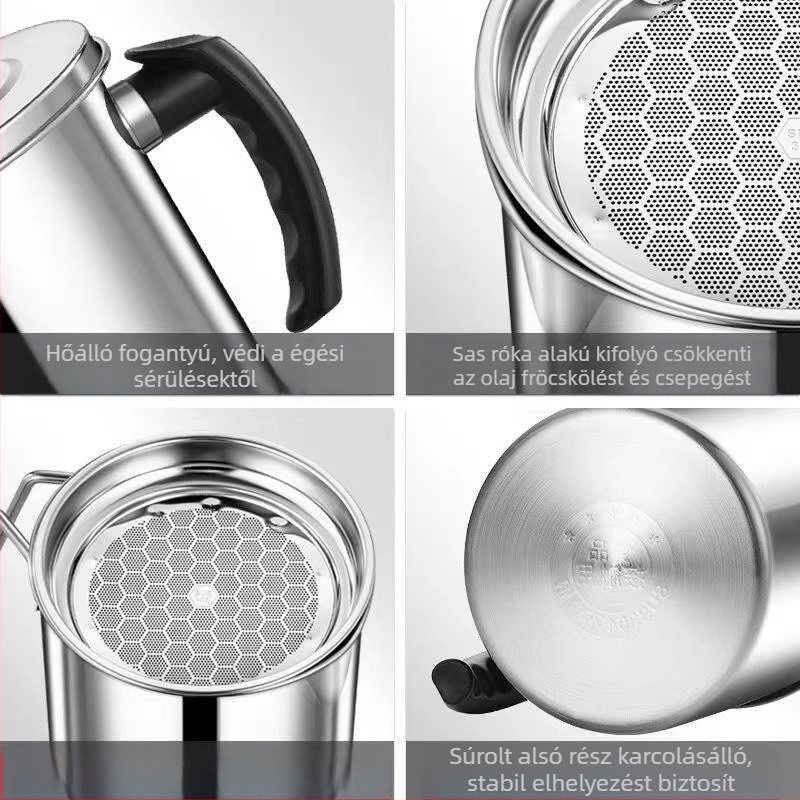 304 rozsdamentes acél olajtartó kanna, szivárgásmentes, fedéllel és szűrővel a konyhába