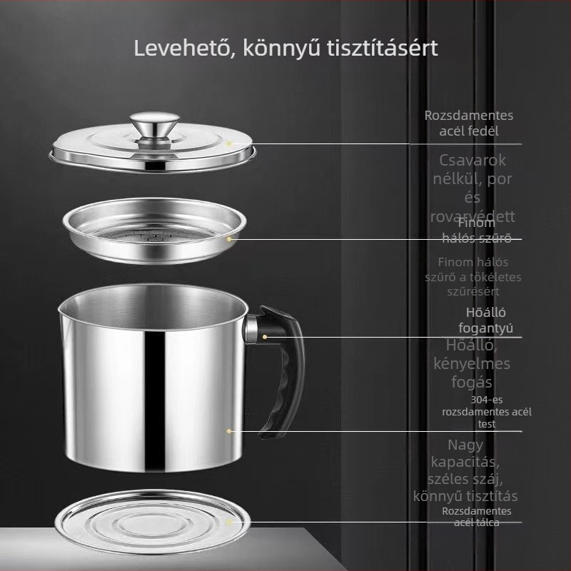 304 rozsdamentes acél olajtartó kanna, szivárgásmentes, fedéllel és szűrővel a konyhába