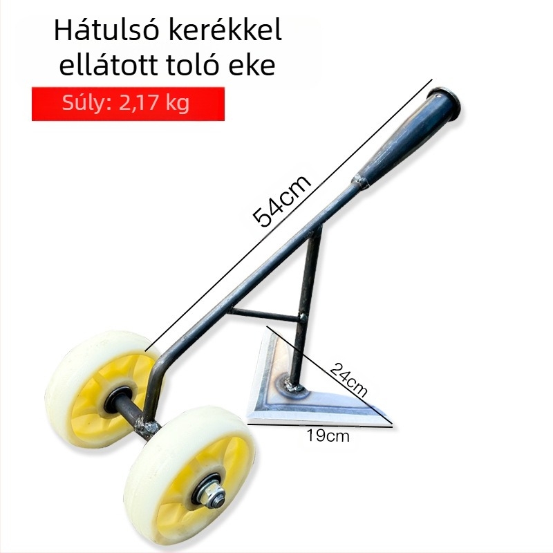 Három az egyben gyomirtó eszköz kétkerekű meghajtással: talaj fellazítása, barázdák készítése és zöldségek trágyázása.