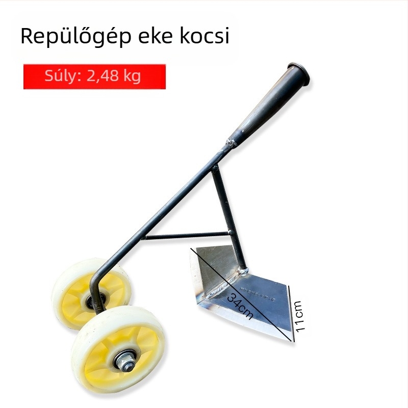 Három az egyben gyomirtó eszköz kétkerekű meghajtással: talaj fellazítása, barázdák készítése és zöldségek trágyázása.
