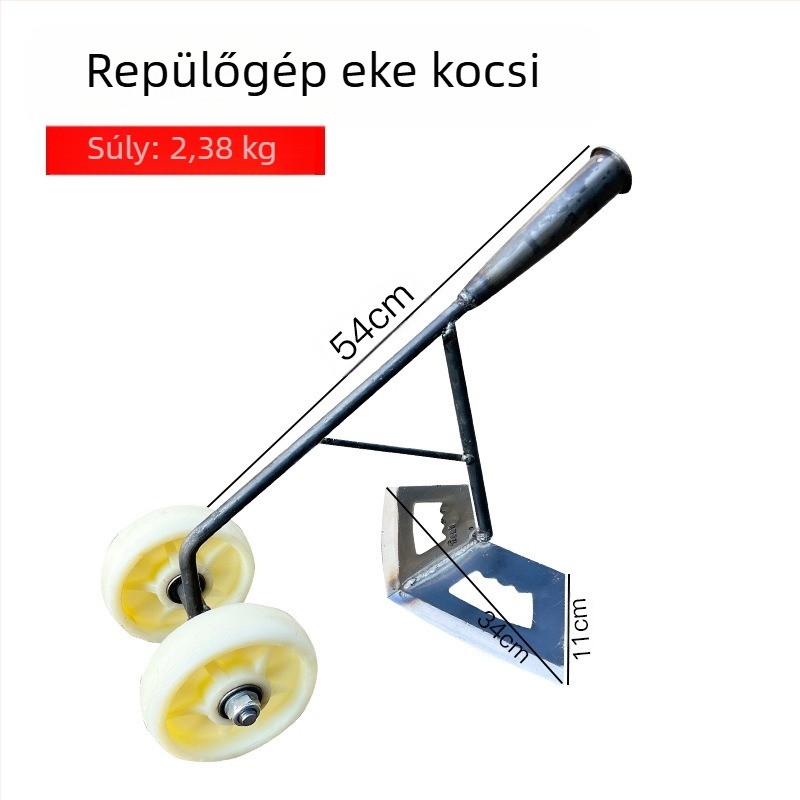 Három az egyben gyomirtó eszköz kétkerekű meghajtással: talaj fellazítása, barázdák készítése és zöldségek trágyázása.