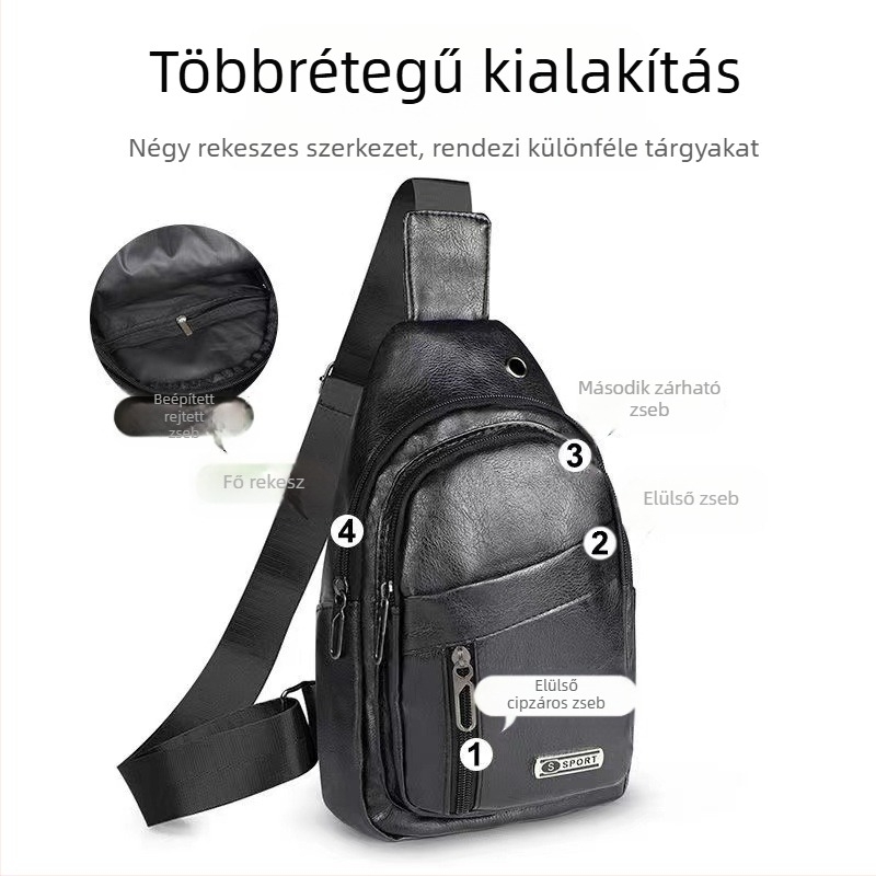 Férfi PU bőr mellkas táska - vízálló, street style, poliészter bélés, keresztpánt