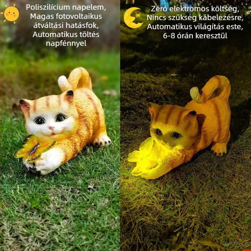 Műgyanta kerti napelemes lámpa macska és pillangó szoborral, kültéri dekoráció erkélyre és fűre