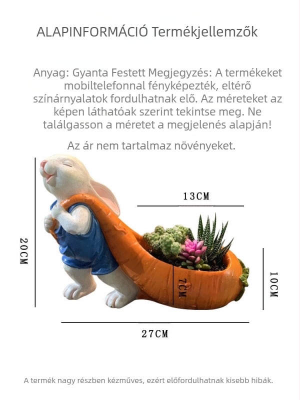 Gyantából készült virágcserép nyuszmotívummal, asztali használatra — állati dizájn, kézzel festett, grouting eljárással készült