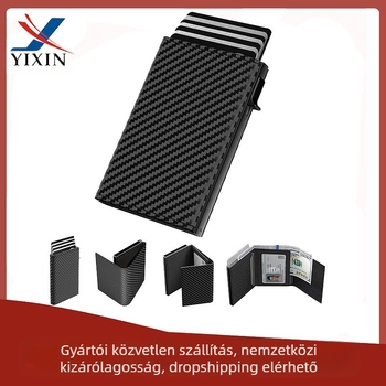 Férfi háromrekeszes pénztárca pop-up mechanizmussal, alumínium tokkal, RFID védelem, nagy kapacitás, belső mikrofibra olaj-vias bélés