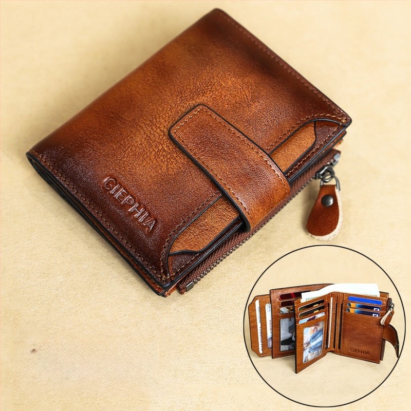 CIEPHIA férfi valódi bőrből készült pénztárca RFID védelemmel, retro rövid dizájn, több kártyatartó, cipzáros érme- és aprópénztartó