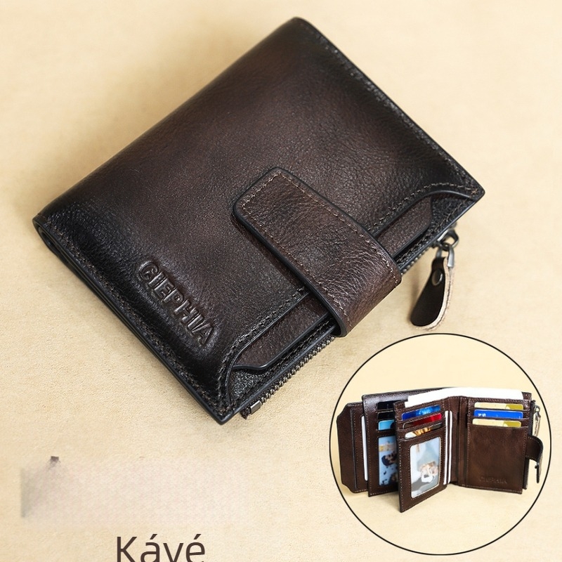 CIEPHIA férfi valódi bőrből készült pénztárca RFID védelemmel, retro rövid dizájn, több kártyatartó, cipzáros érme- és aprópénztartó