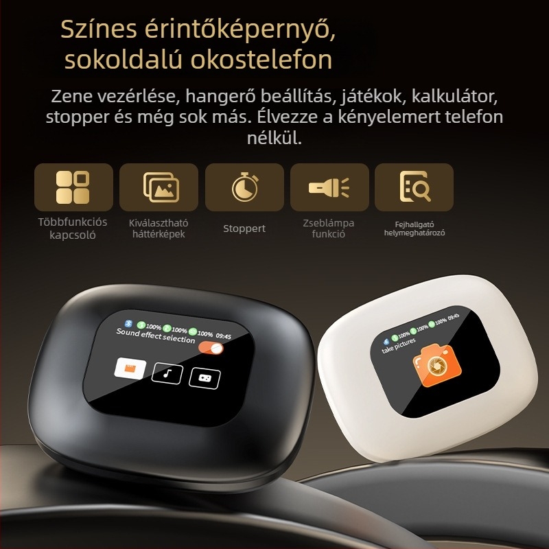 Vezeték nélküli sport fülhallgató fülhorgos kialakítással, érintésre vezérléssel és digitális kijelzővel (Bluetooth 5.4, 15 m hatótávolság, 4–8 óra akkumulátoridő)