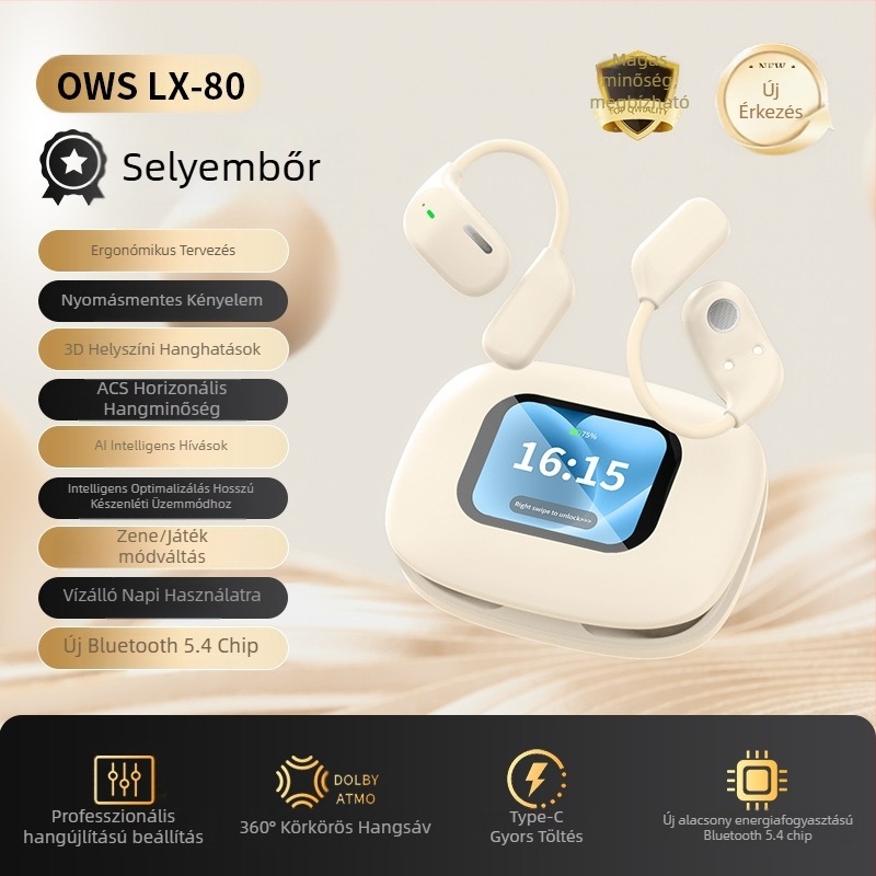 Vezeték nélküli sport fülhallgató fülhorgos kialakítással, érintésre vezérléssel és digitális kijelzővel (Bluetooth 5.4, 15 m hatótávolság, 4–8 óra akkumulátoridő)