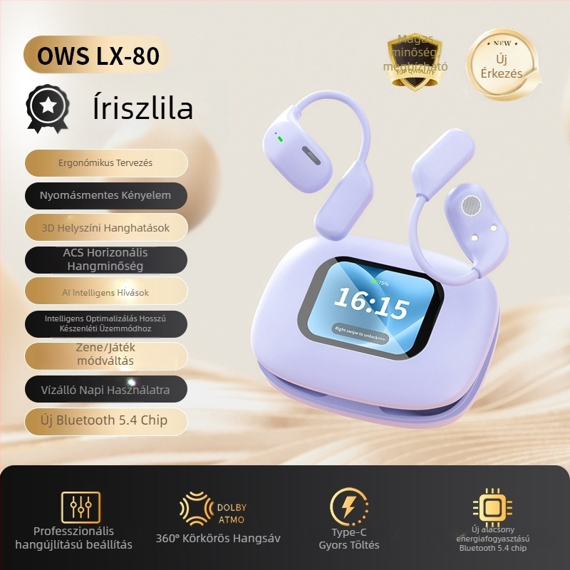 Vezeték nélküli sport fülhallgató fülhorgos kialakítással, érintésre vezérléssel és digitális kijelzővel (Bluetooth 5.4, 15 m hatótávolság, 4–8 óra akkumulátoridő)