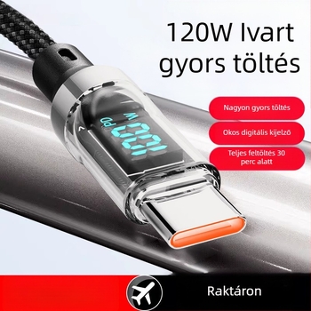 USB-C szövött gyors töltőkábel digitális kijelzővel, 120W maxim