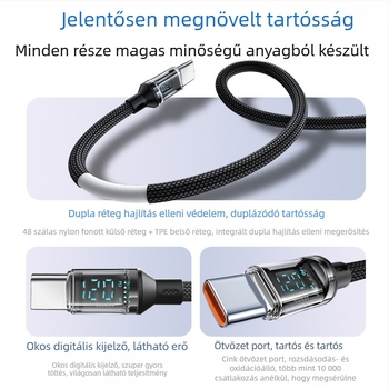 USB-C szövött gyors töltőkábel digitális kijelzővel, 120W maxim