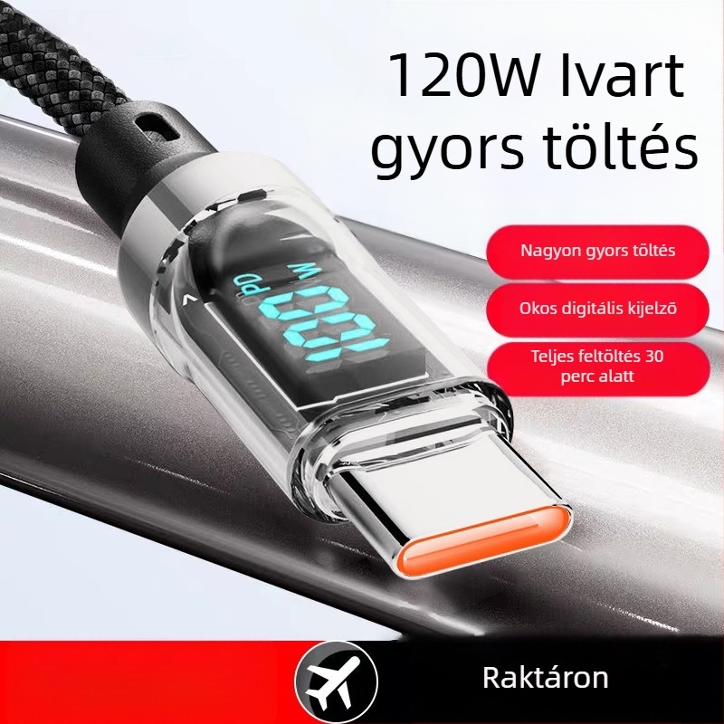 USB-C szövött gyors töltőkábel digitális kijelzővel, 120W maxim