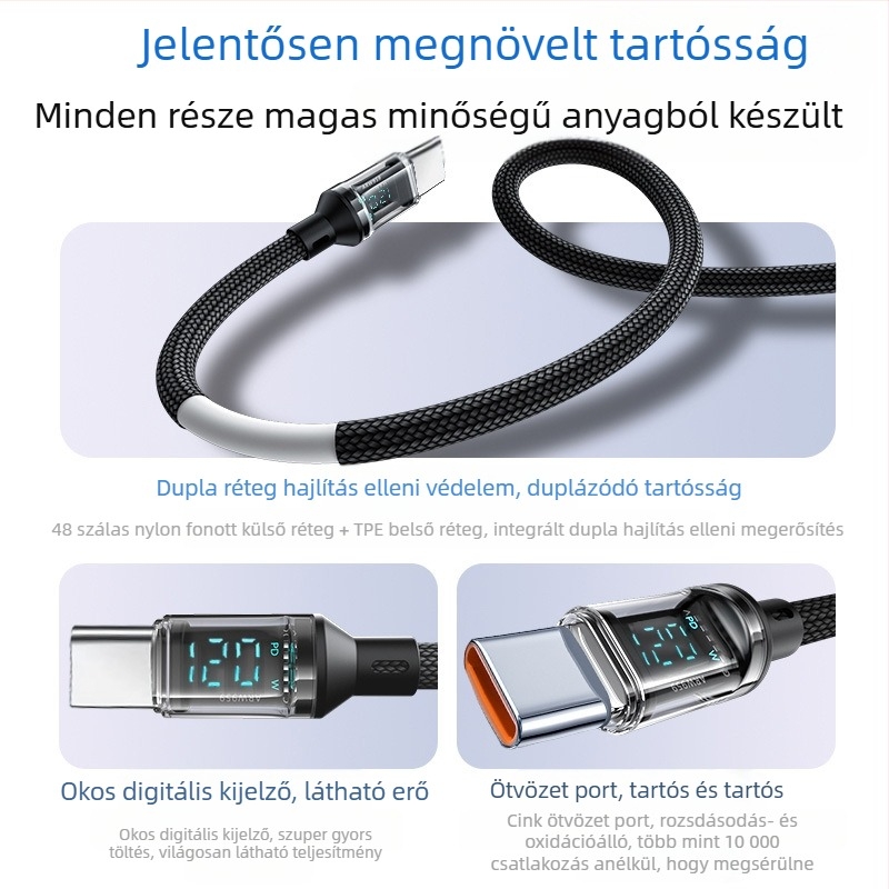 USB-C szövött gyors töltőkábel digitális kijelzővel, 120W maxim