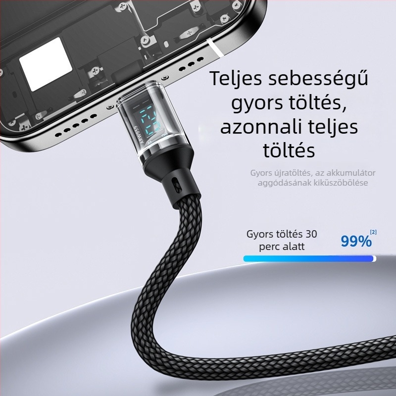 USB-C szövött gyors töltőkábel digitális kijelzővel, 120W maxim