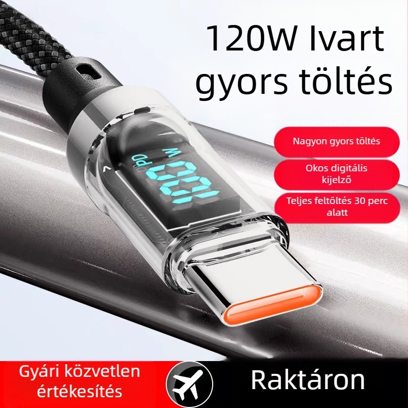 USB-C szövött gyors töltőkábel digitális kijelzővel, 120W maxim