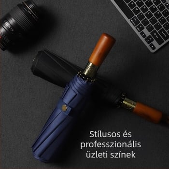 Háromrészes összecsukható esernyő, tömörfa fogantyúval, 10 bordás rostos váz, 210T anyagú szövet, automatikus nyitás