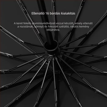 Háromrészes összecsukható esernyő, tömörfa fogantyúval, 10 bordás rostos váz, 210T anyagú szövet, automatikus nyitás