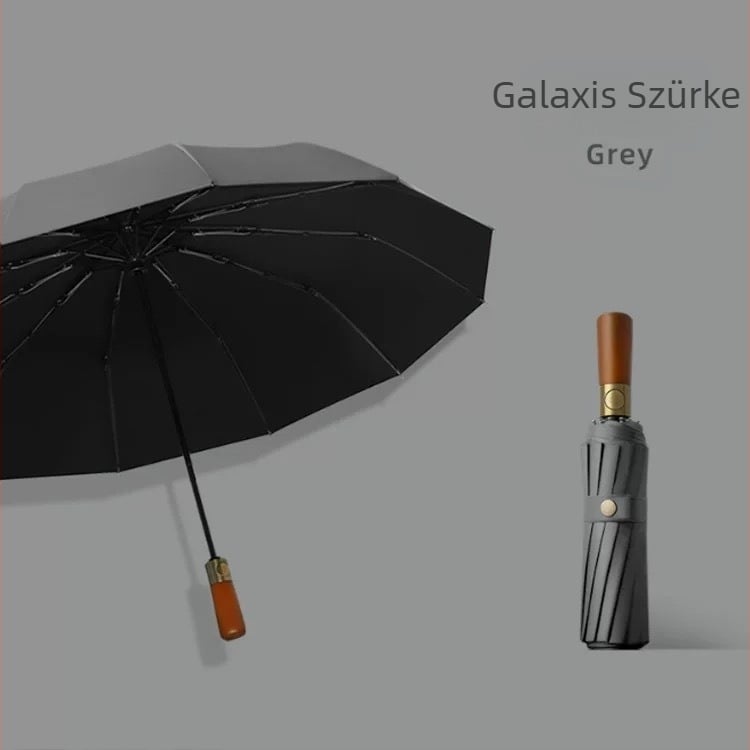 Háromrészes összecsukható esernyő, tömörfa fogantyúval, 10 bordás rostos váz, 210T anyagú szövet, automatikus nyitás