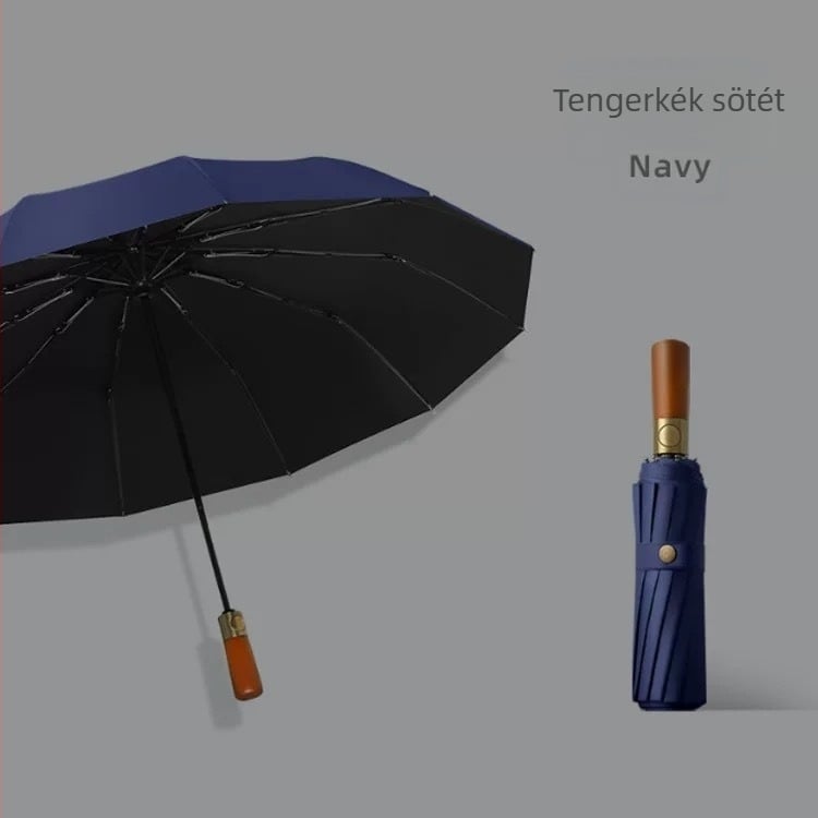 Háromrészes összecsukható esernyő, tömörfa fogantyúval, 10 bordás rostos váz, 210T anyagú szövet, automatikus nyitás
