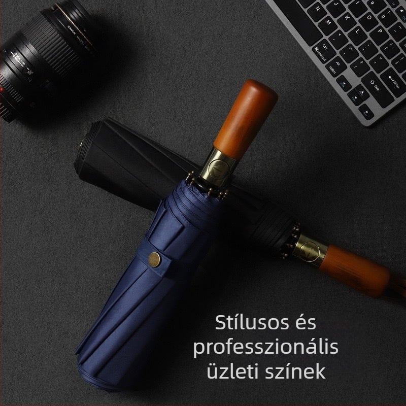 Háromrészes összecsukható esernyő, tömörfa fogantyúval, 10 bordás rostos váz, 210T anyagú szövet, automatikus nyitás