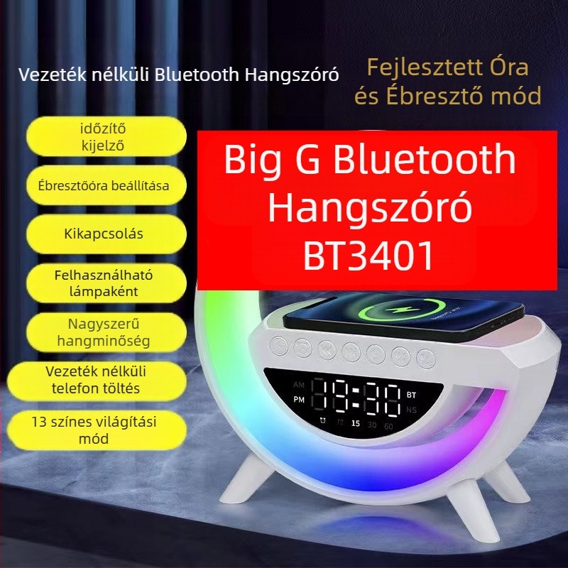 Bluetooth hangszóró, Bluetooth 5.3, beépített akkumulátor 1200–2000 mAh, 15W kimenet, vezeték nélküli töltés és hangulatos világítás, frekvenciatartomány 100Hz–20kHz
