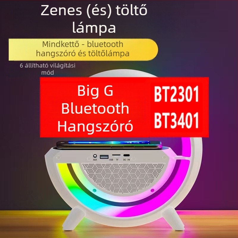 Bluetooth hangszóró, Bluetooth 5.3, beépített akkumulátor 1200–2000 mAh, 15W kimenet, vezeték nélküli töltés és hangulatos világítás, frekvenciatartomány 100Hz–20kHz