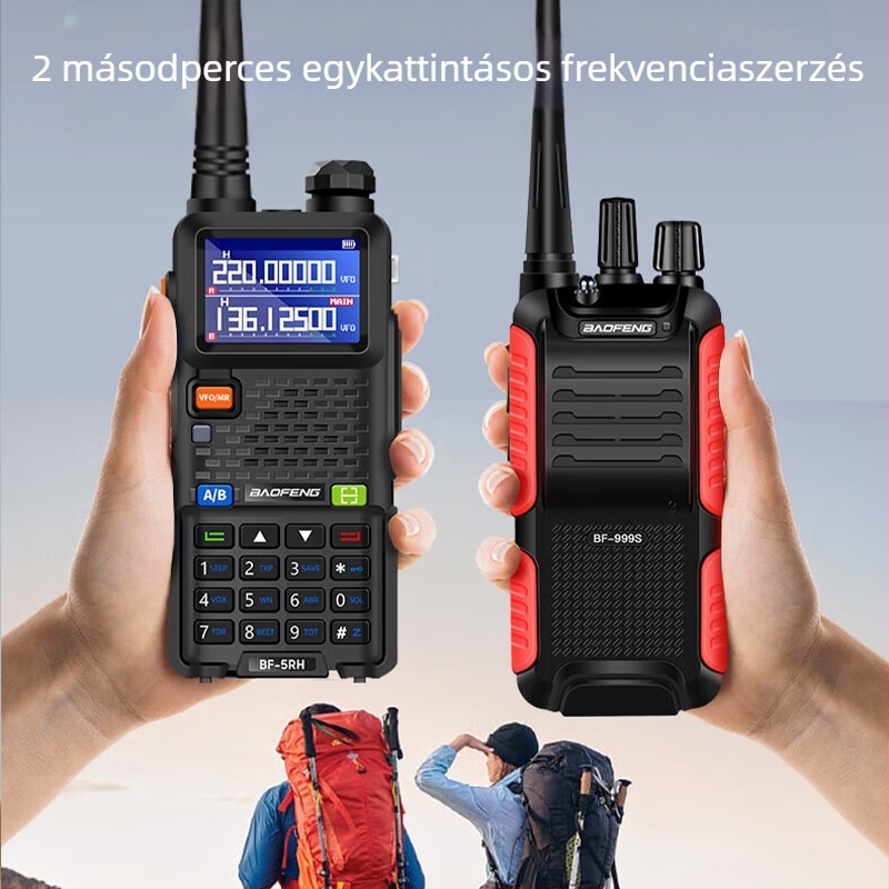Baofeng UV-5R BF-5RH/M kézi rádió kijelzővel, frekvenciasáv 136-174/400-520 MHz, 5 W, 128 csatorna, 1,5-3 km hatótáv