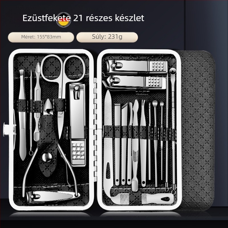 21 részes körömápoló eszközkészlet ferde szájú ollóval és körömágybőr eltávolítóval