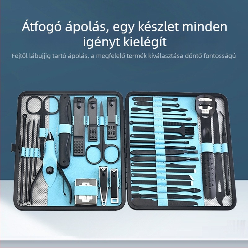 Manikűr- és pedikűr eszközkészlet, 36 darabos, rozsdamentes acélból, hordozható, otthoni használatra, tartalmaz körömollókat és körömvágókat kézre és lábra, tároló tok