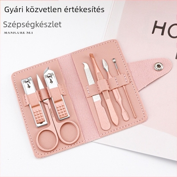 Rozsdamentes acélból készült 7 részes manikűr készlet: körömvágó, olló, szemöldökcsipesz, pedikűr kés és fülkanál