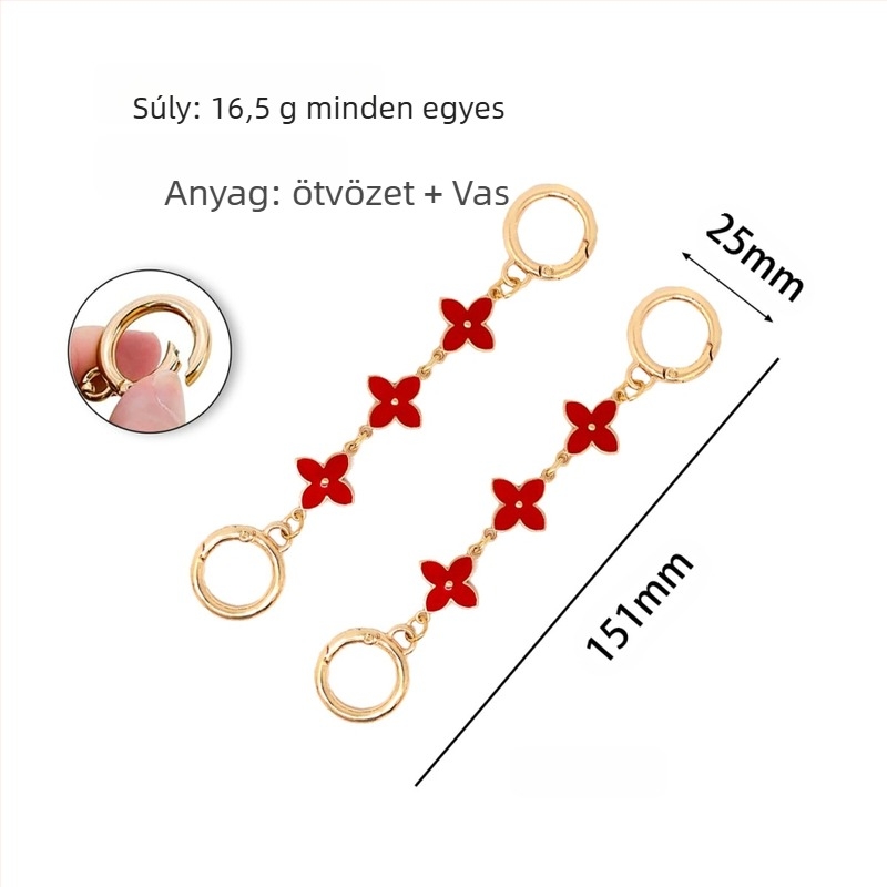 Xinhe márkájú táskákhoz való láncos kiegészítő csepegő olajos felülettel, négylevelű lóhere motívum, fém