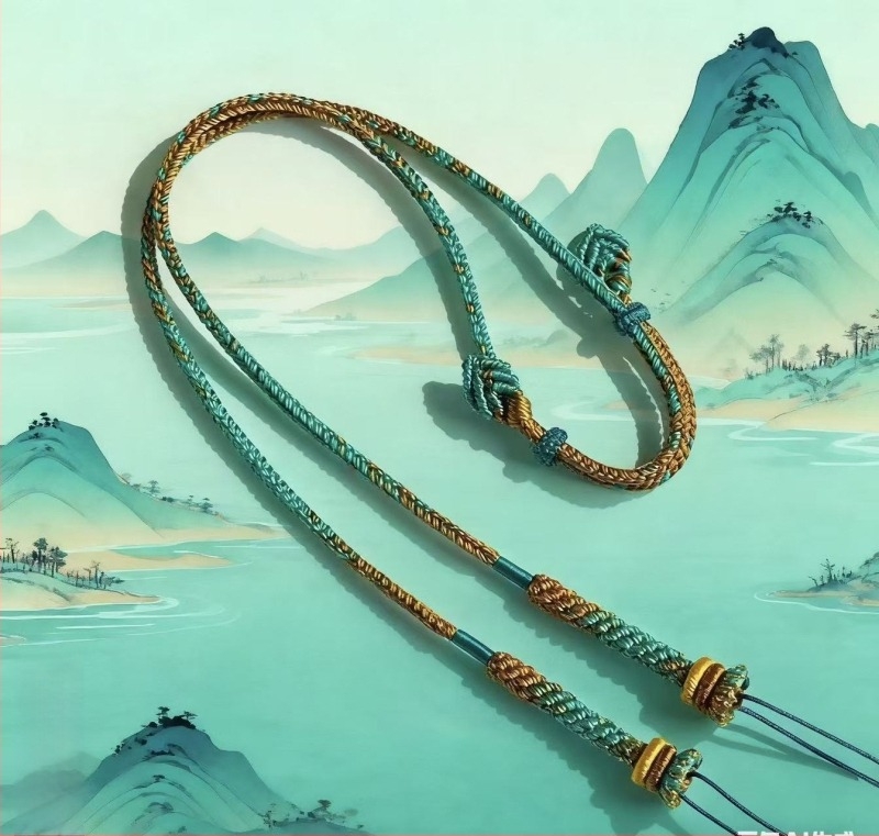 Kézzel szőtt kulcscsonti lánc zsinórral – uniszex, természetes, fonott fonal türkiz gyöngyökkel