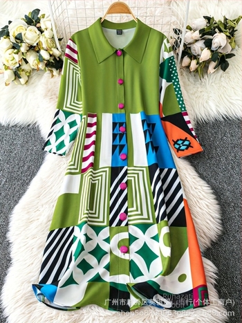 Pliszírozott ingetruha – boho retro stílus, midi A-vonal, gallér, 3/4-ujj, poliészter elasztán anyag